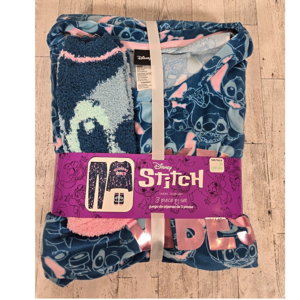 Disney Stitch 3 Piece PJ Set Womens 3X Teal Tropic Weekend Vibes Fleece Pajamas